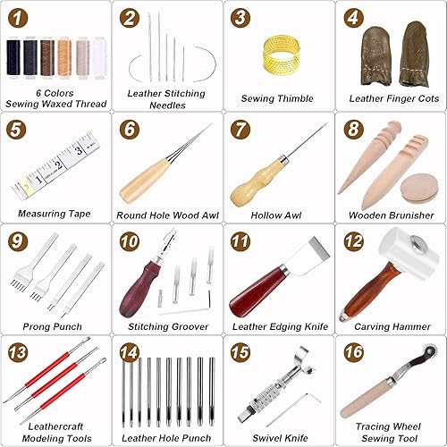Miniatura 2 de Kit de herramientas de artesanía de cuero, herramientas manuales de cuero, herramientas de trabajo de cuero, incluye martillo de nailon, hilo