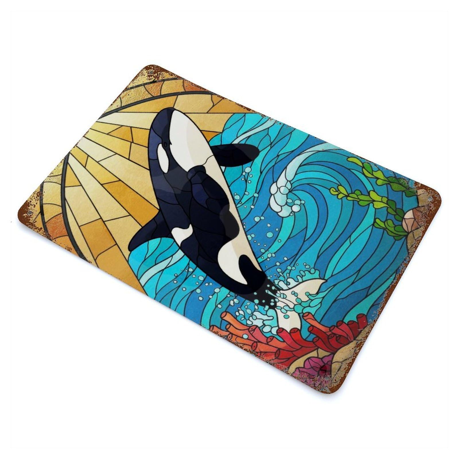 Garage Style Orca Stained Glass Style Illustration Aged Metal Wall Plaque 11.8"x7.9", Novelty Wall Decor for Bar And Workshop