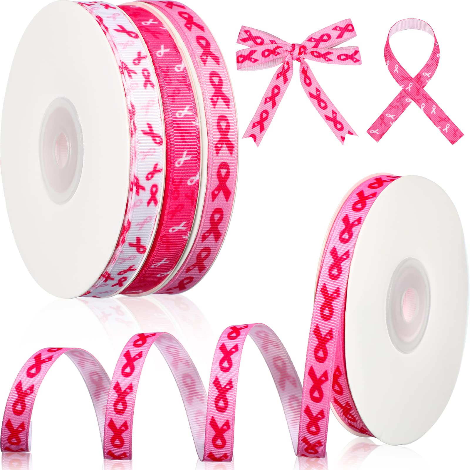3 Roll 3/8 Inch Breast Cancer Awareness Ribbon 60 Yard Grosgrain Pink Craft Ribbon for DIY Crafts Gifts Wrapping Party Decoration, White, Pink, Rose Pink
