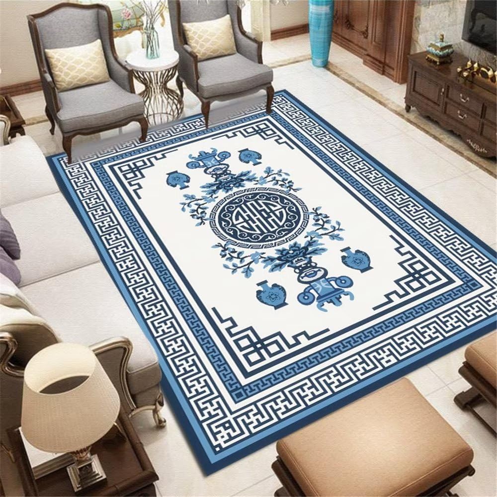 Tapis durable 160x200cm bleu floral lavable pour restaurant et chambre
