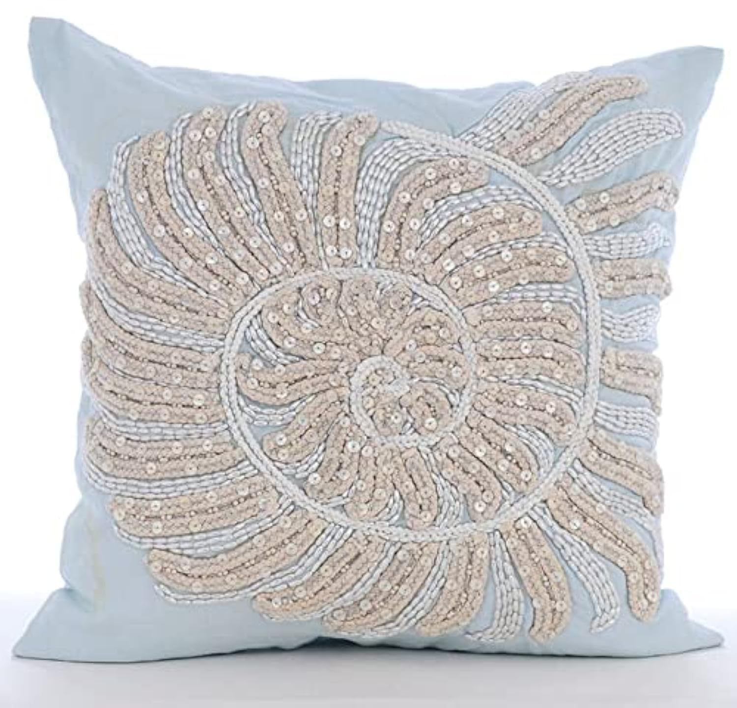 The HomeCentric Swirl Twirl - 30x30 cm Square Decorative Throw Cushion Cover Light Blue Linen Cushion Cover With Jute and Pearl Beads Embroidery โ image 1