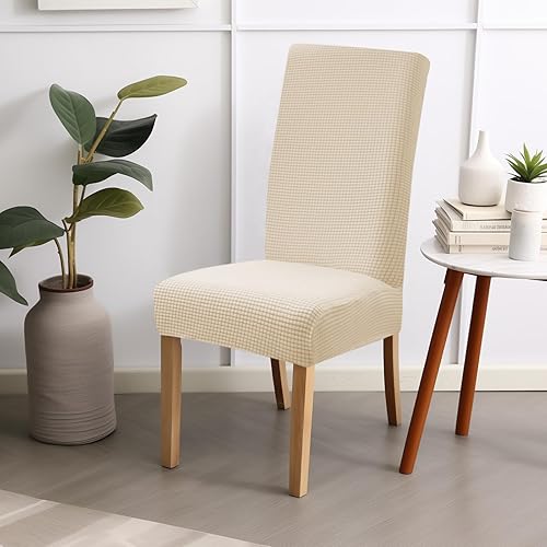 Miniatura 7 de Juego de 4 fundas para sillas de comedor, suaves y elásticas, protección contra arañazos de gatos, color blanco crema, tela jacquard, funda