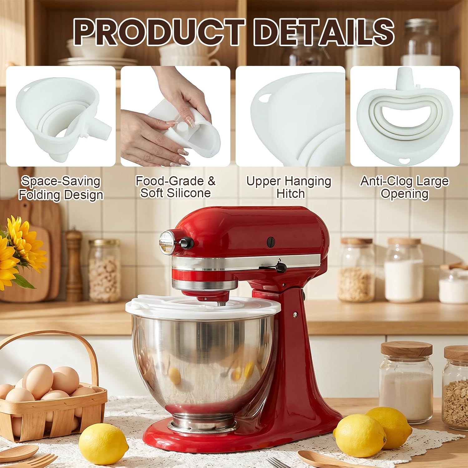 3-in-1 Mixer Bowl Cover Splash Guard for KitchenAid 4.5-5 Qt Tilt-Head Stand Mixer, Pouring Shield with Foldable Funnel for Mess-Free Baking, Food-Grade Silicone Accessory