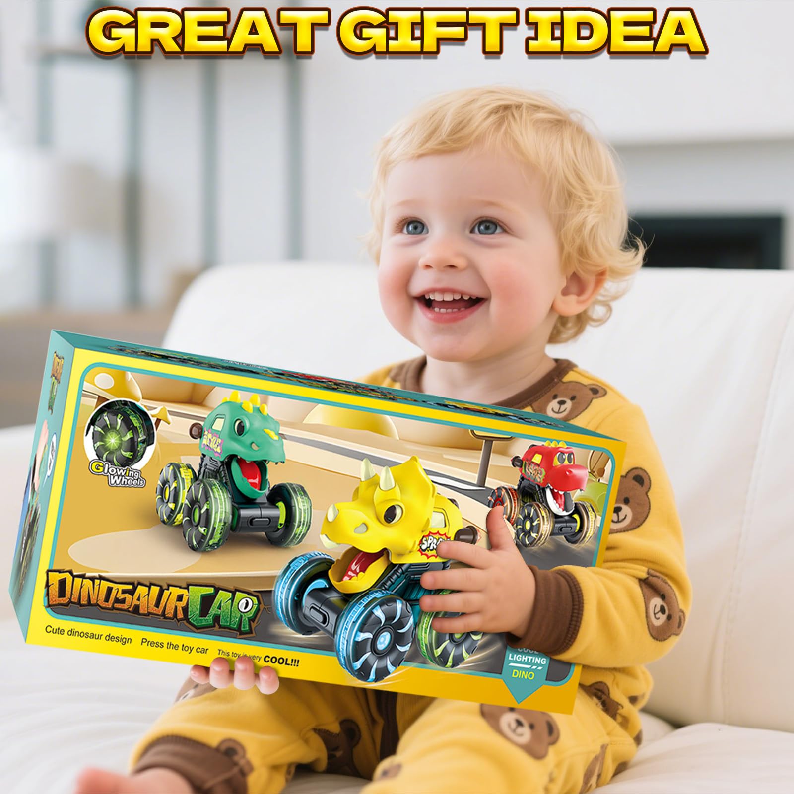 Paquete de 3 juguetes de automóvil de dinosaurio para niños pequeños, ruedas iluminadas, camiones monstruo, juguetes para niños de 2, 3, 4, 5, 6, 7, 8 años, regalos de Navidad, regalos de 7