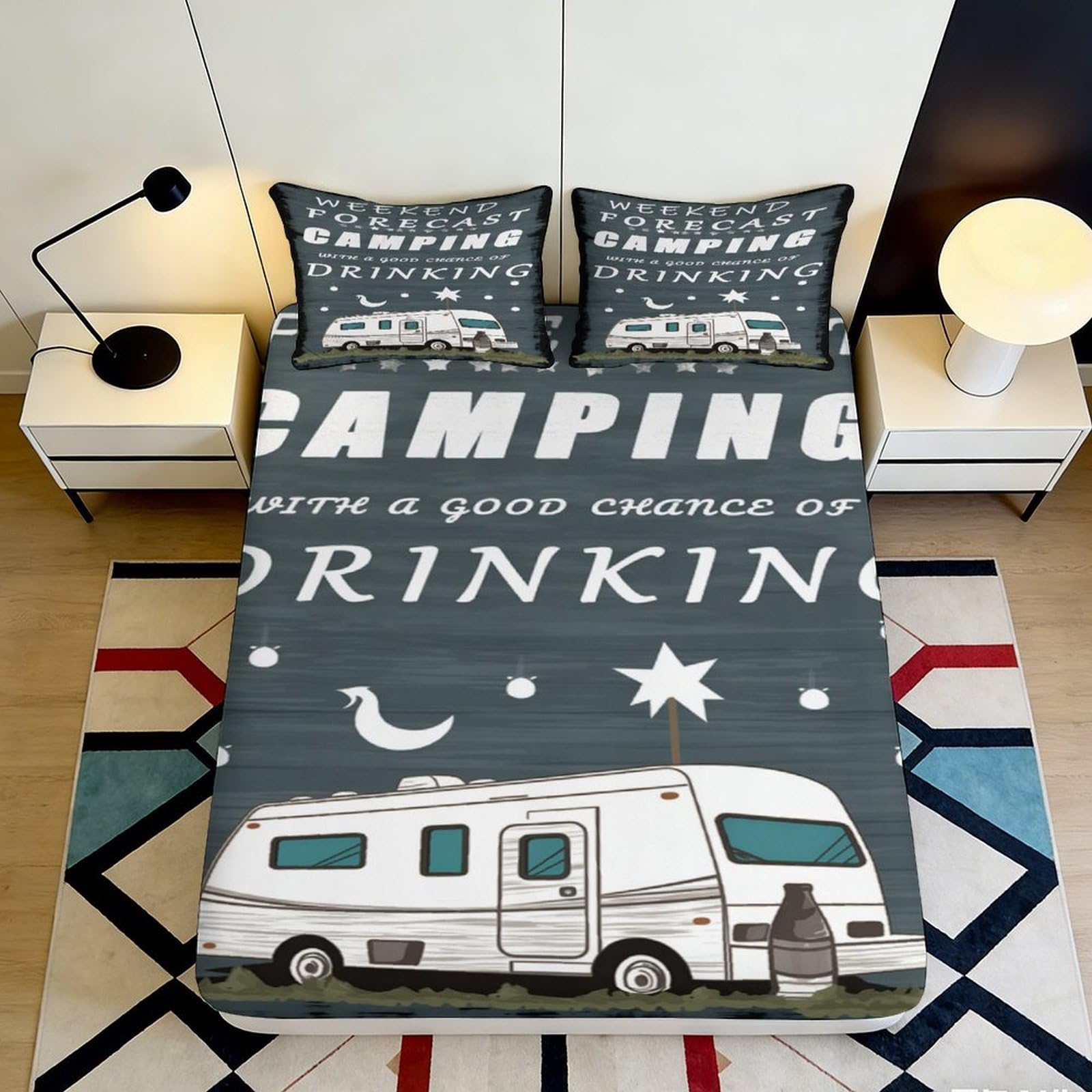 3D Printed Camper Van Pattern Fitted Sheet Microfiber Deep Pocket Non-Slip Bedroom Bedding Mattress Fitted Cover 140x200x25cm