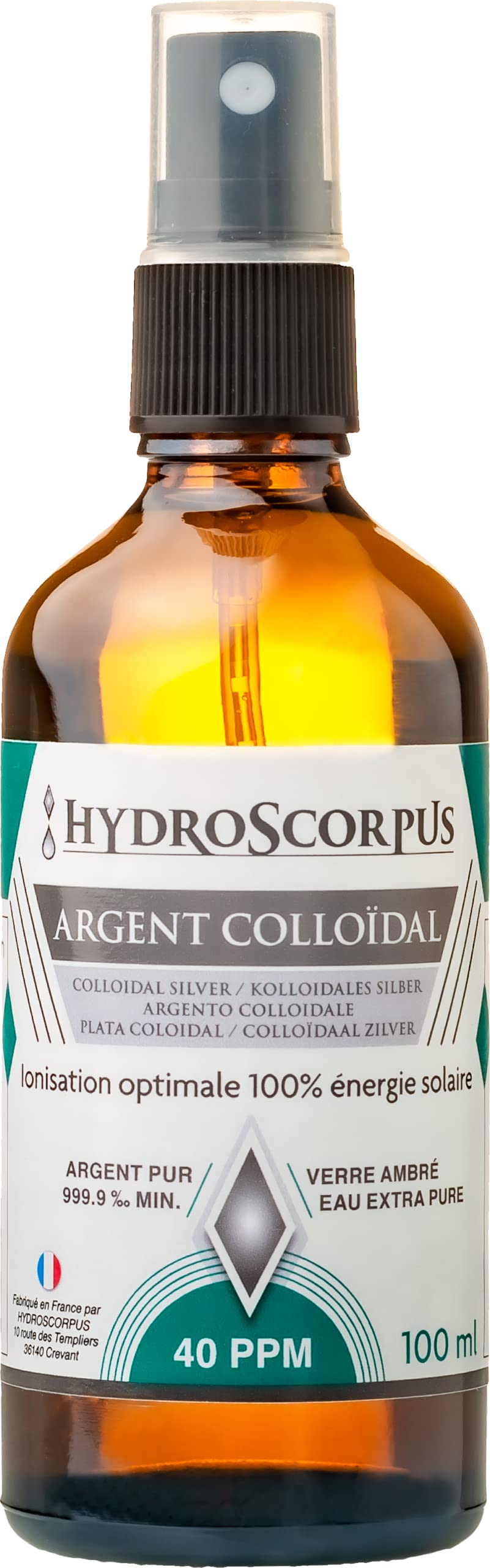 HydroscorpusColloidal Silver 40 PPM ● Spray 100 ml ● 100% Natural ● Optimal Ionisation 100% Solar Energy ● Made in France ● 100% Compostable Product Protection