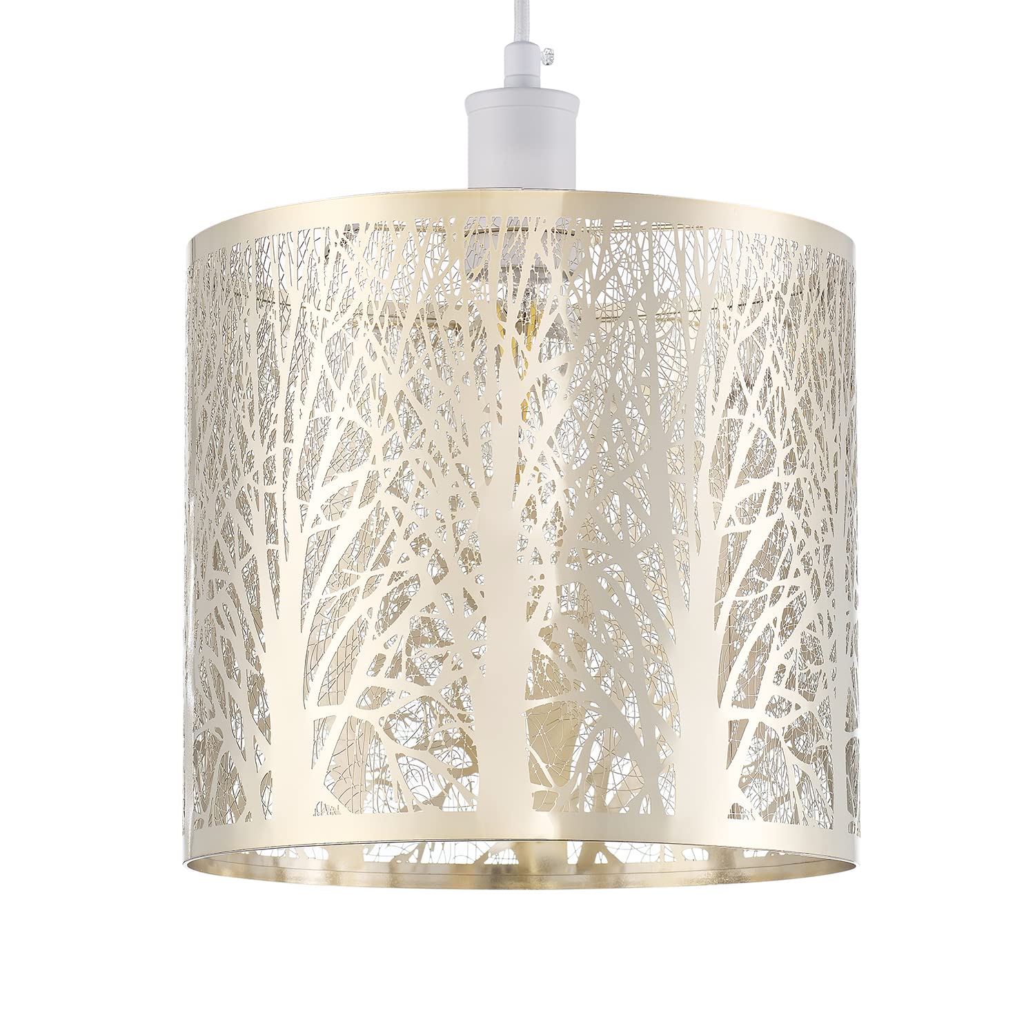Unique and Beautiful Brushed Gold Metal Forest Design Ceiling Pendant Shade When Lit The Light Escapes Through The Gaps and Casts The Forest Against The Walls and Ceiling by Happy Homewares โ image 1