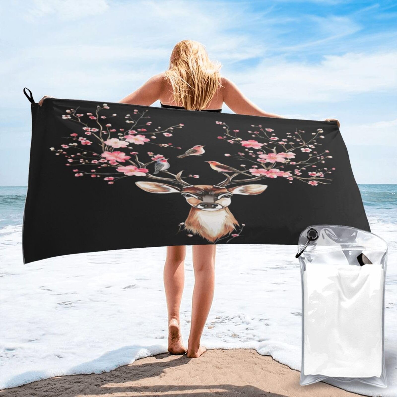 Anceky Digital Drawing of Deer with Cherry Blossoms Quick Dry Microfiber Travel Towel with Carry Case and Carabiner 31.5"X63"