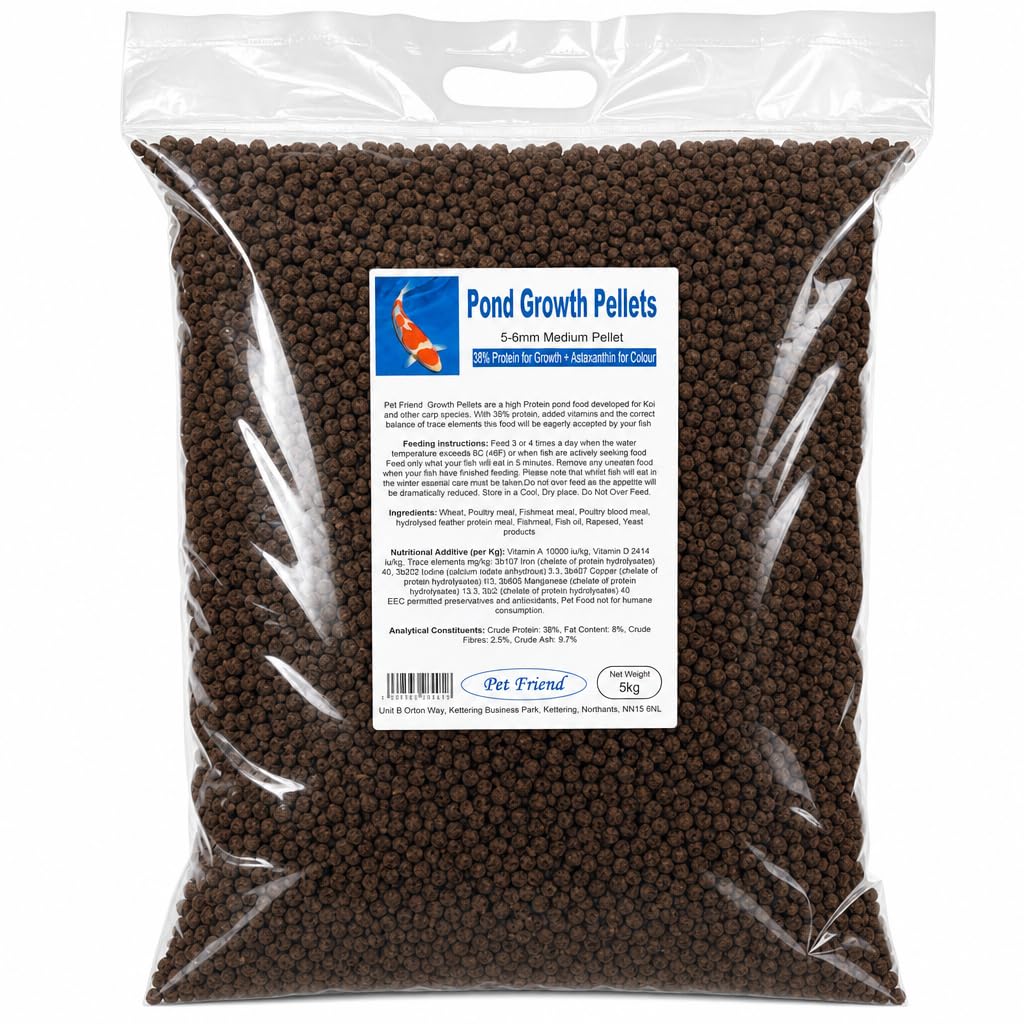 Pet Friend Growth Pellet 6mm Medium Pond Fish Food, 5kg | 38% High Protein Floating Pellets for Medium Koi & Large Goldfish