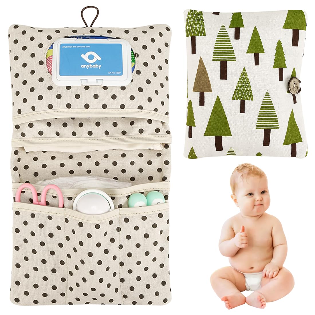 Bolsa de pañales organizador y neceser de cosméticos, 2 en 1, bolsa de pañales pequeña, organizador para bebés (Leaves)