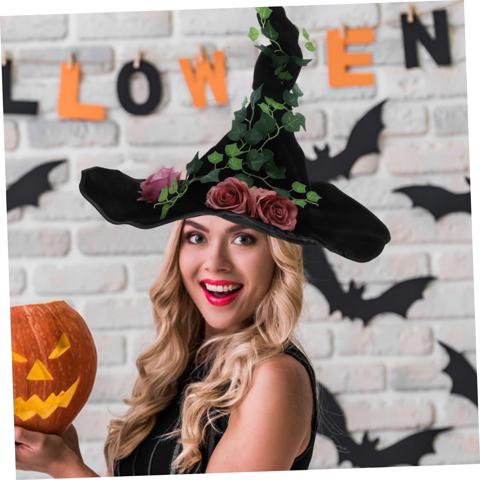 Sombrero De Bruja Negro Diseño De Rosa y Vides Para Halloween y Confortable Para Disfraces De Mujeres Fiestas y Eventos