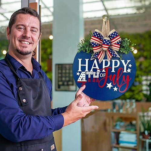 Miniatura 5 de Muised Decoraciones del 4 de julio de 4 de julio, letrero de bienvenida de madera, decoración del Día de los Caídos, corona patriótica de madera