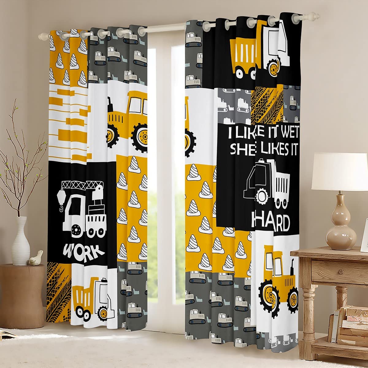 Cortinas amarillas para ventana de excavadora, diseño de caricaturas, para niños, construcción, cortinas opacas (30%-50%) maquinaria, camión, tratamiento de ventanas, cortinas de equipo agrícola, 46