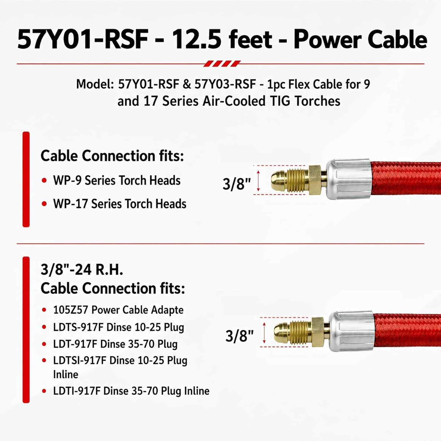 12.5 FT Tig Torch Power Cable flex for 9 & 17 Series Air-Cooled TIG Torches | Red Braided Super Flex Cord for WP-9 & WP-17 Series Air-Cooled TIG Torches for 57Y01-RSF Suitable For Welding Work