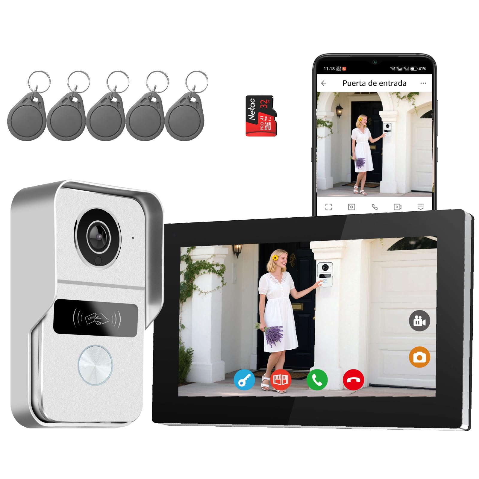 Honmidatek Kit de Videoportero con conexión de 2 Hilos, Timbre Video Mirilla y 7'' Monitor Táctil a Color, Desbloqueo Remoto de Puertas y Puertas, Detección de Personas y Audio Bidireccional