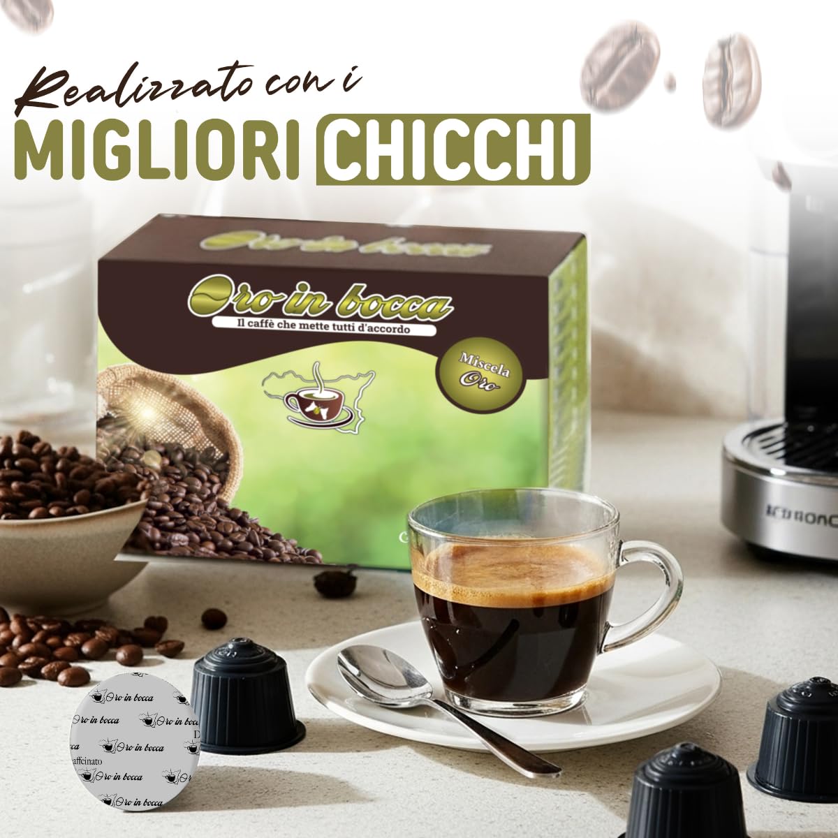 Oro in Bocca 100 Capsule Caffè Decaffeinato Compatibili con Nescafé Dolce Gusto, Caffè Espresso Decaffeinato 70% Arabica 30% Robusta, Gusto Morbido e Bilanciato, Aroma Dolce, Made in Italy (100, DEK)