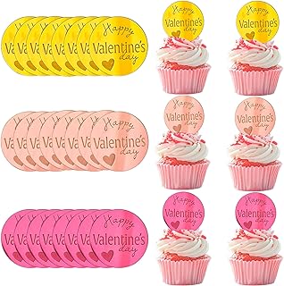 ハッピーバレンタインデーカップケーキトッパー 30個 バレンタインデー ケーキトッパー、3色 アクリルミラーケーキディスク ハッピーバレンタインデーテーマカップケーキトッパー デコレーション パーティーデコレーション用品