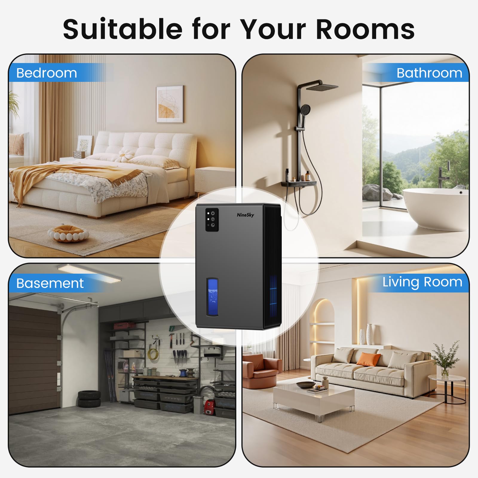 NineSky Deumidificatori per la casa, 1000 mq, deumidificatore con serbatoio dell'acqua da 2,7 l, deumidificatore silenzioso per cantina, bagno, camera da letto, con luce ambientale a 7 colori e