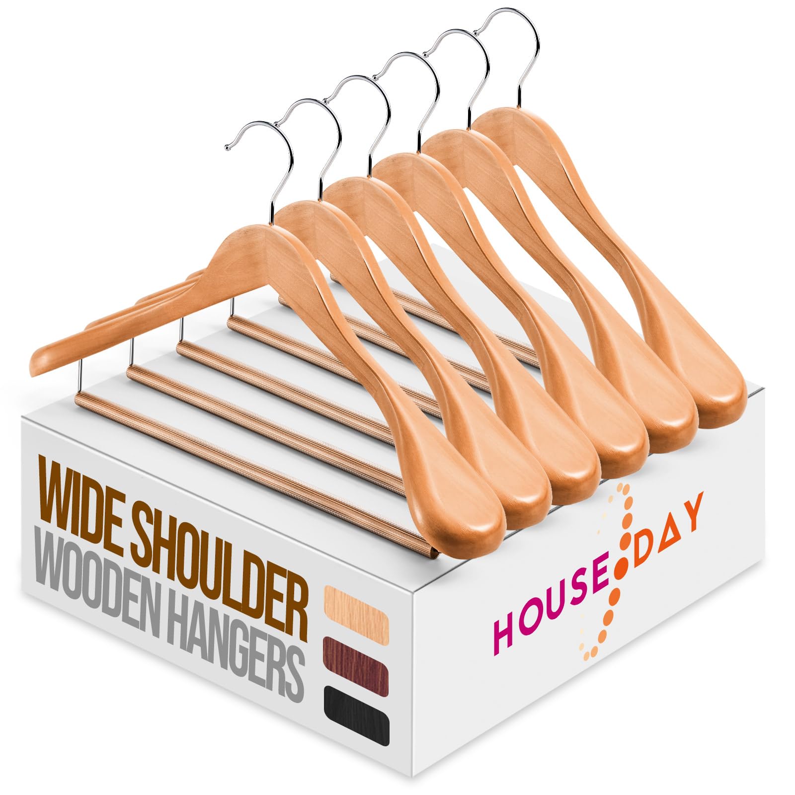 HOUSEDAY Grucce in legno, 6 unità, grucce in legno, ampia imbottitura per le spalle, gancio girevole a 360°, antiscivolo, con barra tonda per abiti, camicie, cappotti, giacche