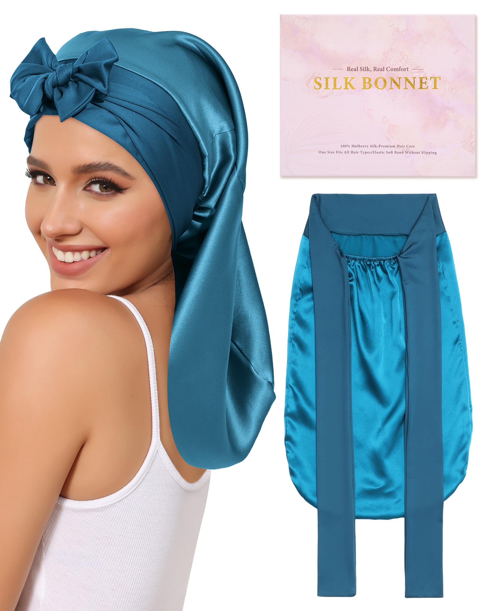 AWAYTR 100% Mulberry Silk Bonnet - Long Hair Cap for Sleeping Tie Band Bonnet for Braids Curly Hair