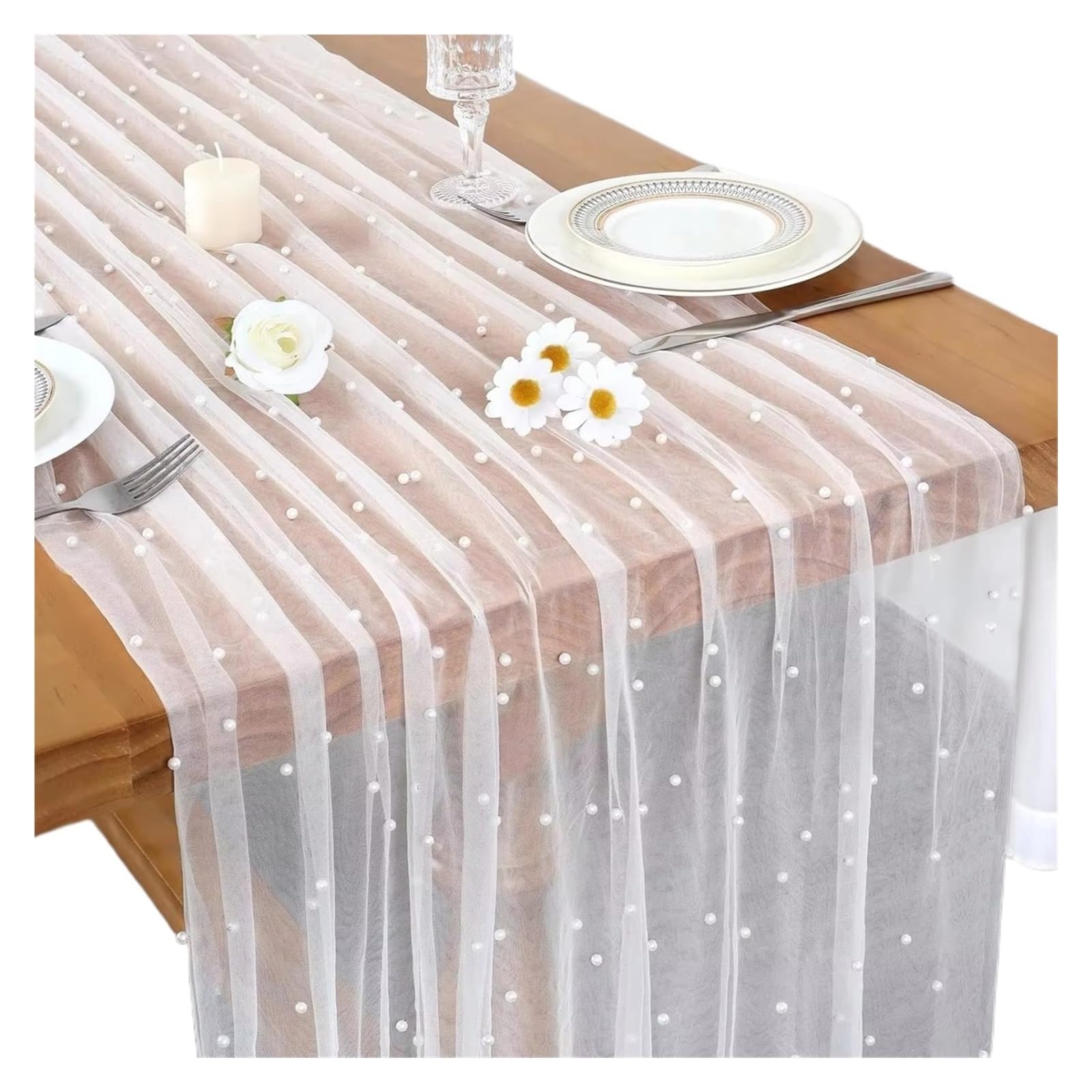Chiffon Table Runner 75*300CM Wedding Peral Tulle Table Runner 10FT Sheer Voile Dining Decoration(White)