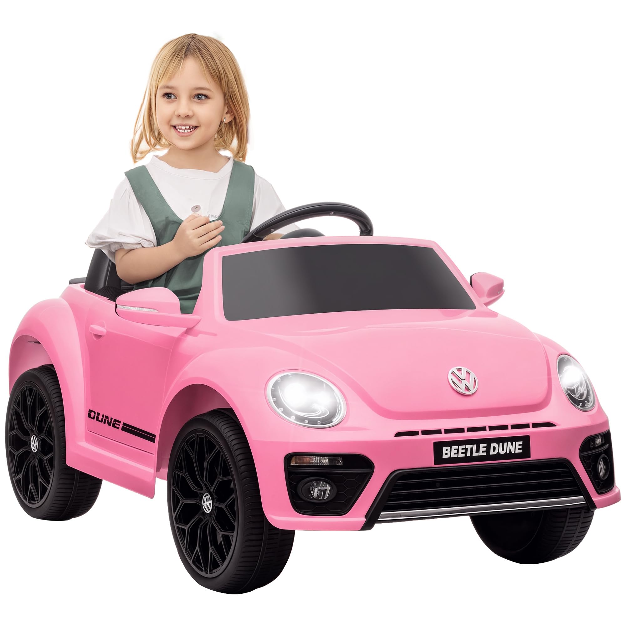AIYAPLAY Dziecięcy samochód elektryczny Volkswagen Beetle 12V, różowy | Pilot 2,4G, muzyka, klakson, światła LED, złącze USB/MP3, pojazd elektryczny dla dzieci 3-5 lat