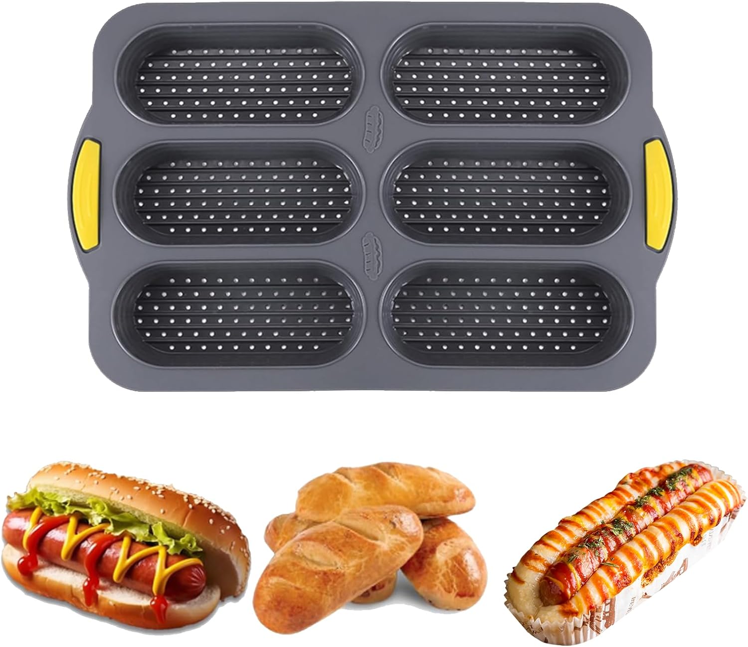 Molde de silicona para pan de baguette de 6 cavidades, molde antiadherente para hornear hoagie y molde para bollos para perros calientes, molde para