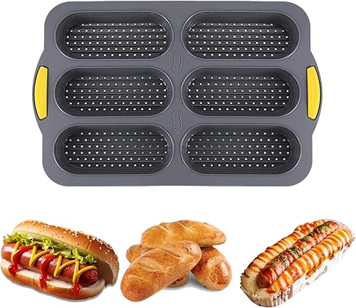 Molde de silicona para pan de baguette de 6 cavidades, molde antiadherente para hornear hoagie y molde para bollos para perros calientes, molde para