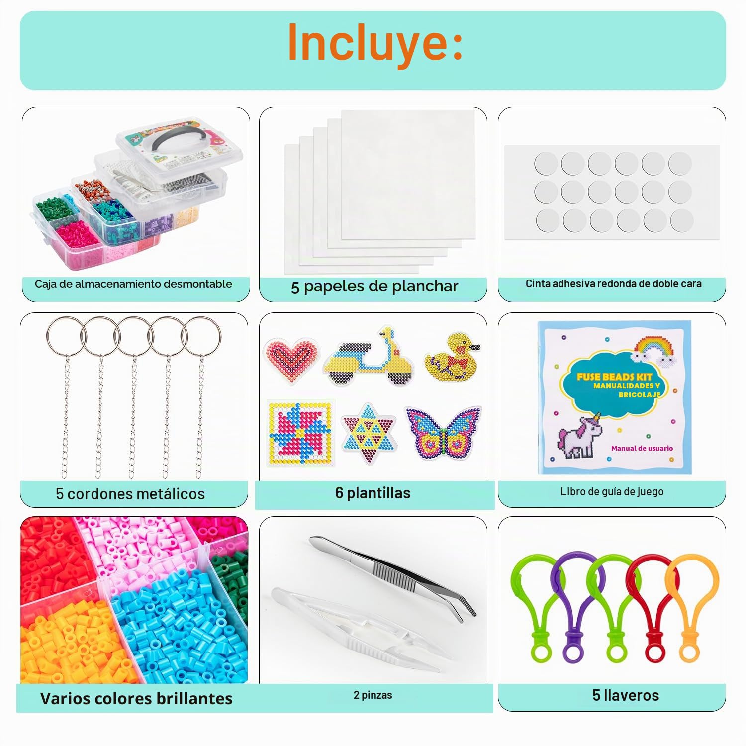 SLEMAKO Cuentas para planchar, 10600 Cuentas y perlas fusibles combinación con caja de almacenamiento, Guía del usuario, Placas, Creación DIY de Joyas, Decoración y Ideas de Manualidades 3D para Niños