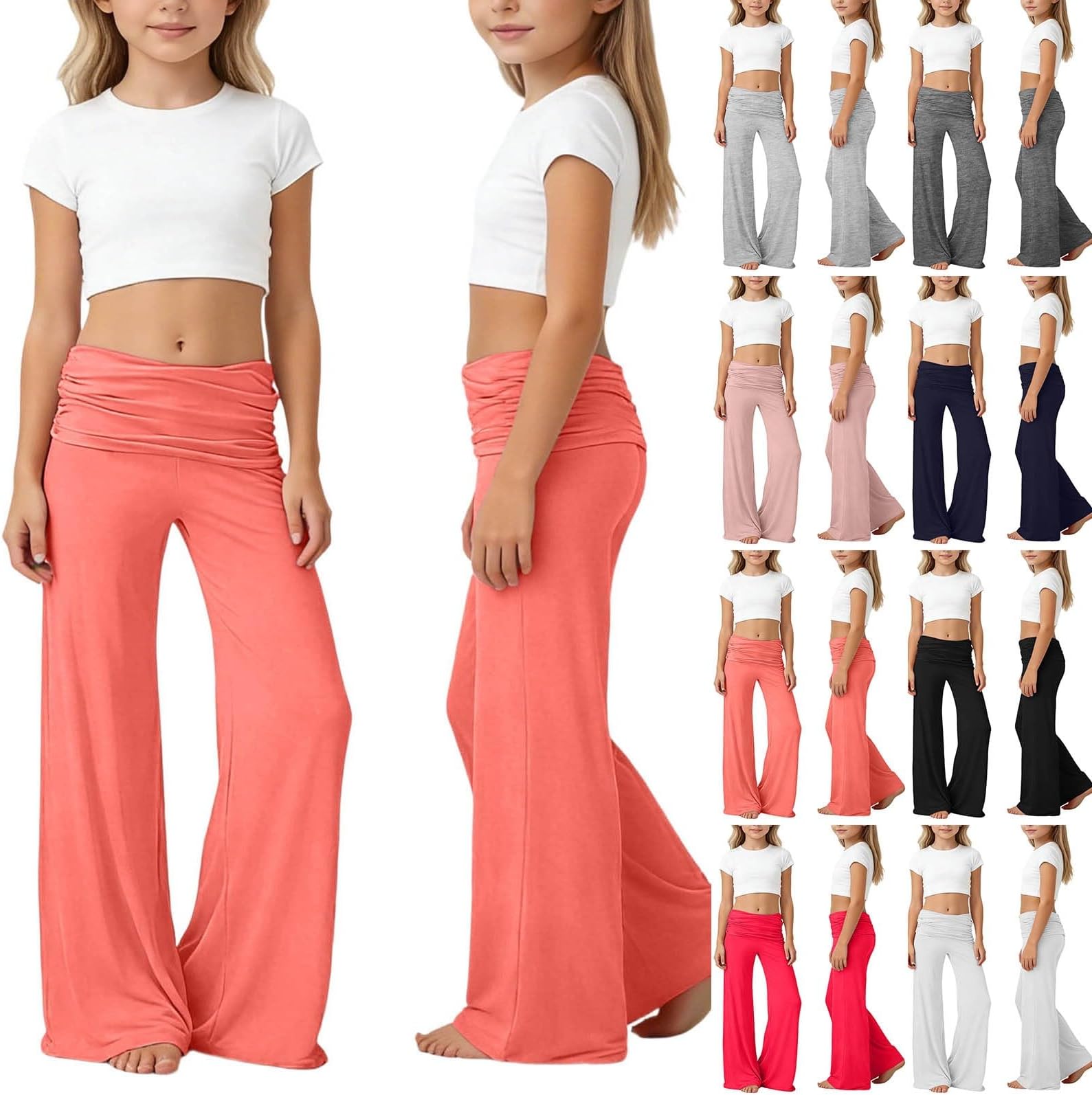 2026 Coral Fold Over Yoga Pants, Kids On-Trend Solid Wide Leg Loose Fit Lounge Pants with Ruched Waist, for Yoga Sports Everyday