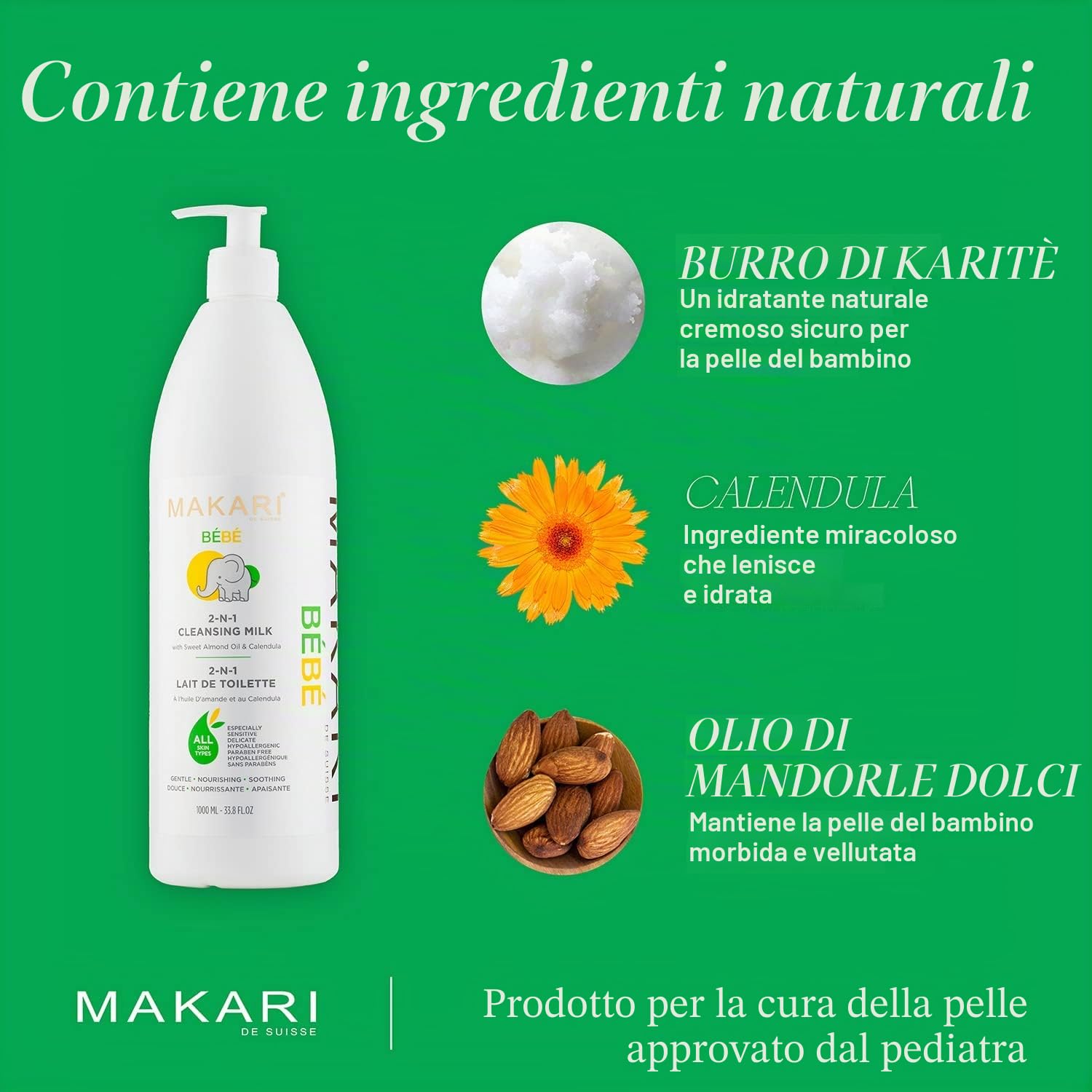 Makari Bébé Latte Detergente 2 in 1 Corpo e Lozione Idratante per Pelle Delicata e Secca con Olio di Mandorle Dolci ed Estratto di Calendula, 1000 ml