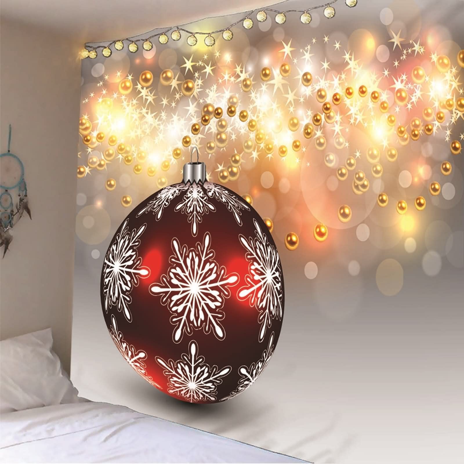 Tapices Colores, Tapiz Navideño Bola con Copo de Nieve con Estrellas Rojo Oro Blanco Gris Poliéster 240X220cm