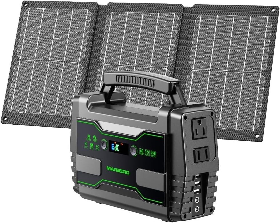 MARBERO Solar Generator 155Wh with 30W Solar Panel Portable Power Station with 2x 100W AC Outlets(Peak 150W), QC3.0 USB UL Certified for Home Blackout, Camping, RV Travel, Ultra-Light & Silent Fan