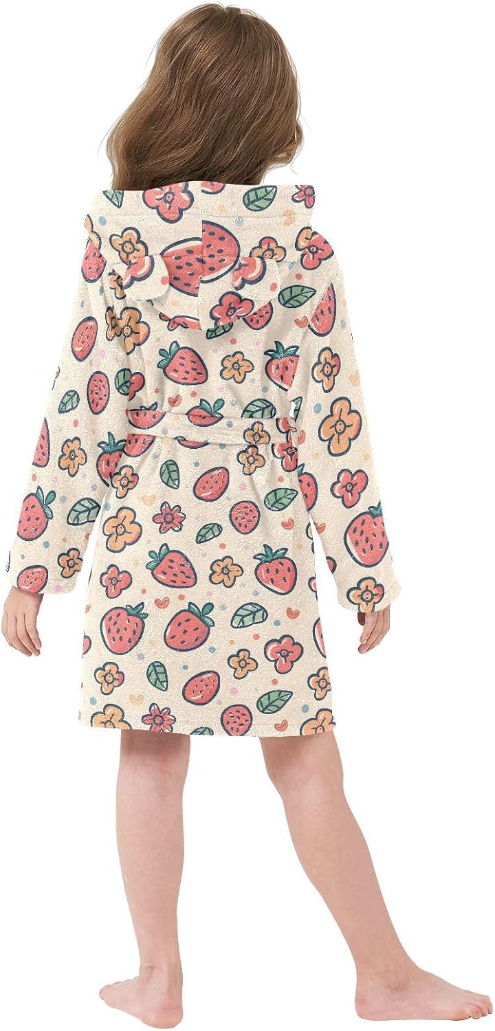 senya Strawberry Flower Toddler Hooded Bathrobe Kids Soft Plush Bath Towel Robes for Boys Girls 2-12 Years