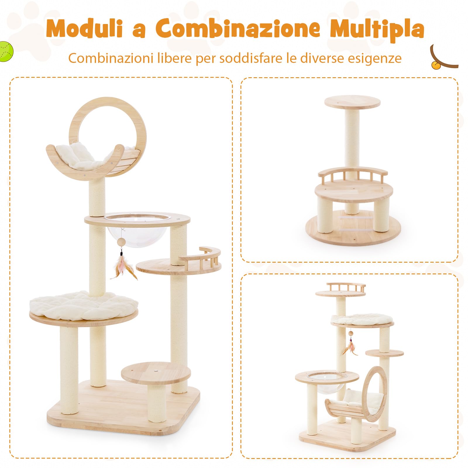 COSTWAY Tiragraffi per Gatti 4-in-1 con Capsula Spaziale e Legno di Quercia