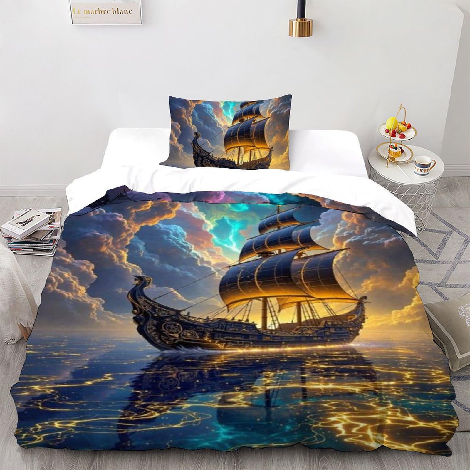 Housse de couette single marine avec motif bateau aurora imprimé 3d et sa taie d'oreiller