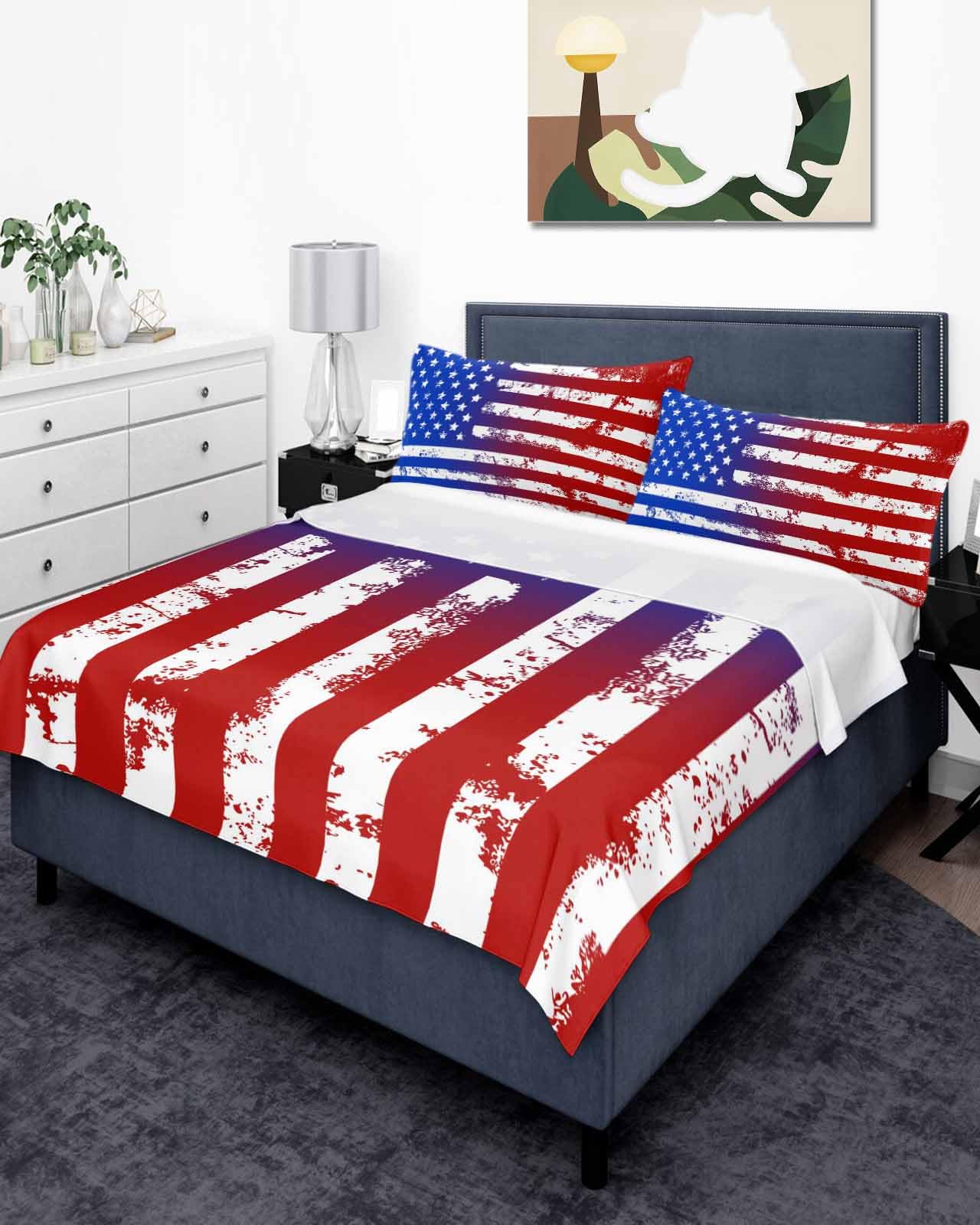 Queen Size Top Sheet Only, Retro Independence Day USA Flag Flat Sheet Microfiber Breathable Soft Bed Sheets, Abstract Stripes and Stars Hotel Bedding Flat Sheets for Bedroom