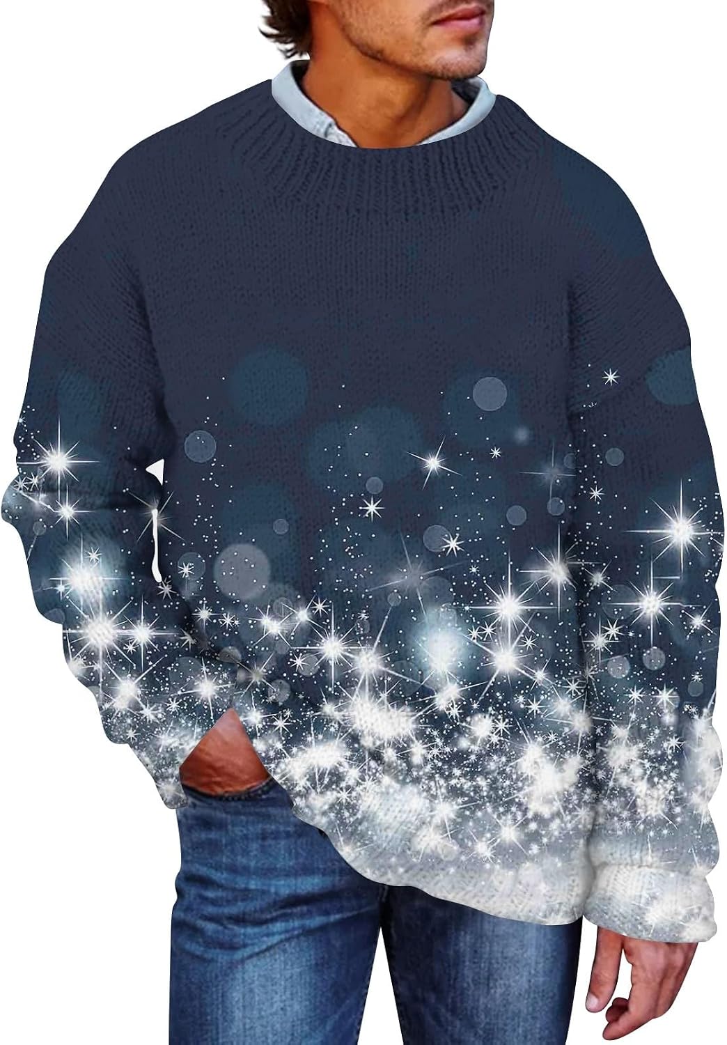 Ymosrh Men's Sweaters Long Sleeve Round Neck Snowflakes Print Knitted Pullover Casual Sweaters, M-5XL