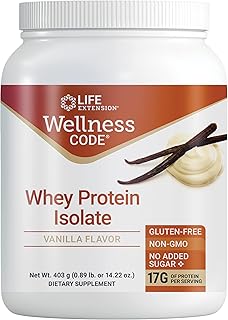 Life Extension Wellness Code Whey Protein Isolate â€“ Vanilla Protein Powder for Muscle Growth & Immune Health - Fitness Supplements - Gluten-Free, Non-GMO, Sugar Free â€“ 14.22 oz (20 Servings)