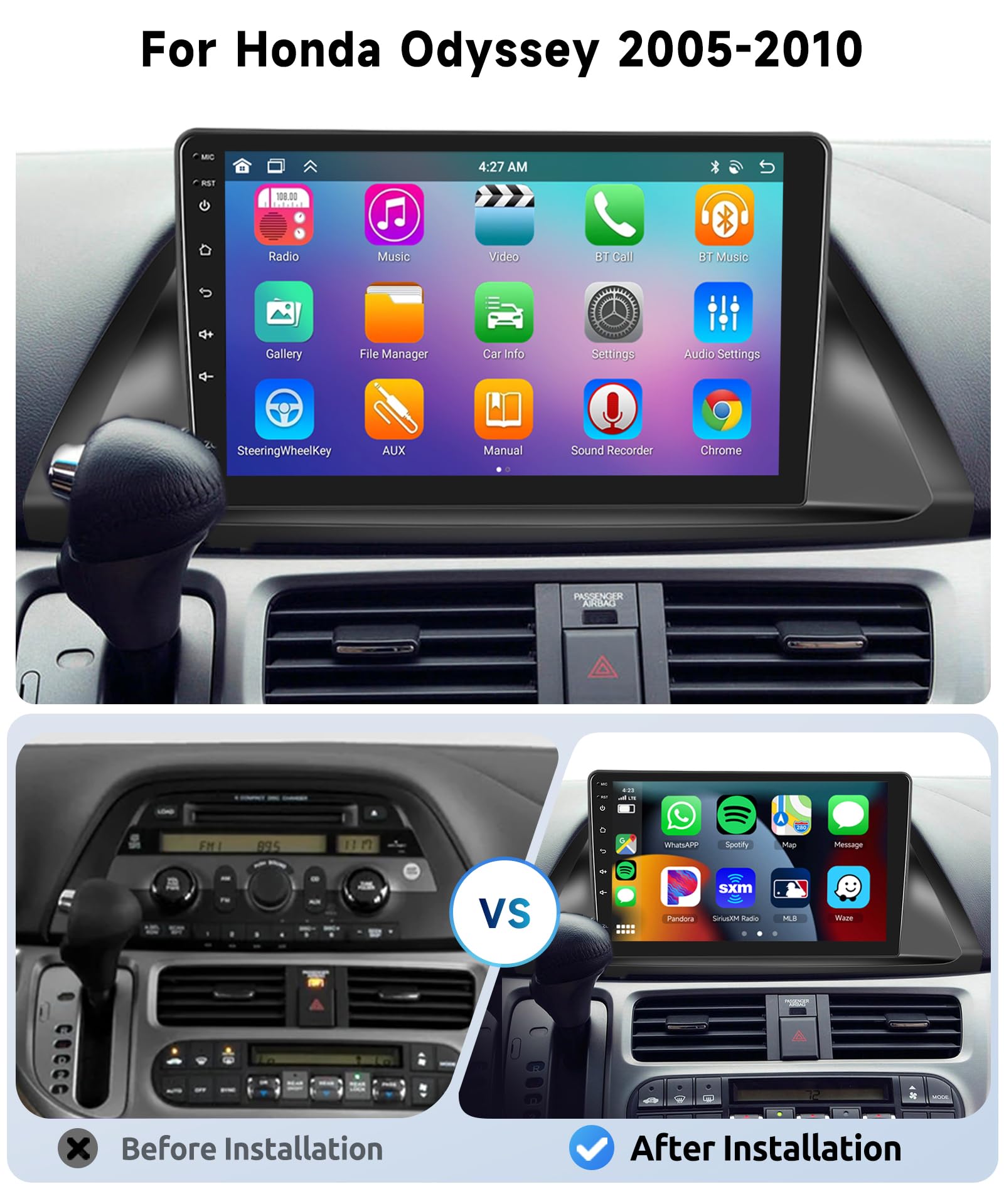 [8 CORE 6G+128G] for Honda Odyssey 2005-2010 Car Radio with Wireless Carplay/Android Auto, 10.1 Inch Android 13 IPS Touch Screen Car Stereo, Bluetooth, GPS Navi, WiFi, SWC, DSP + Backup Camera