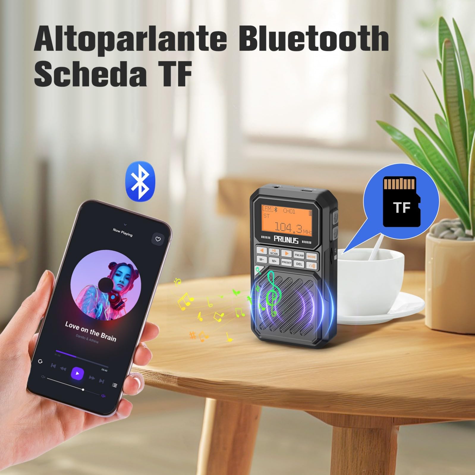 PRUNUS J-525 Radio Portatile AM/FM con Connessione per Auricolari Bluetooth, Mini Radiolina Ricaricabile da 2500 mAh, Radio Digitale con Jack per Cuffie, Slot per Scheda TF, Timer di Sonno.