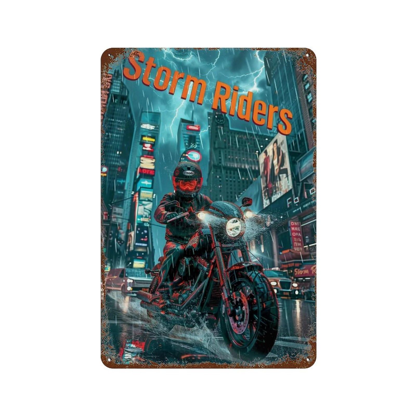 YHGERTKU Storm Riders Rainy City Lightning Biker 03 Wall Art Retro Iron Vintage Metal Tin Sign Poster Modern Decor for Living Rooms Gift 30x20cm