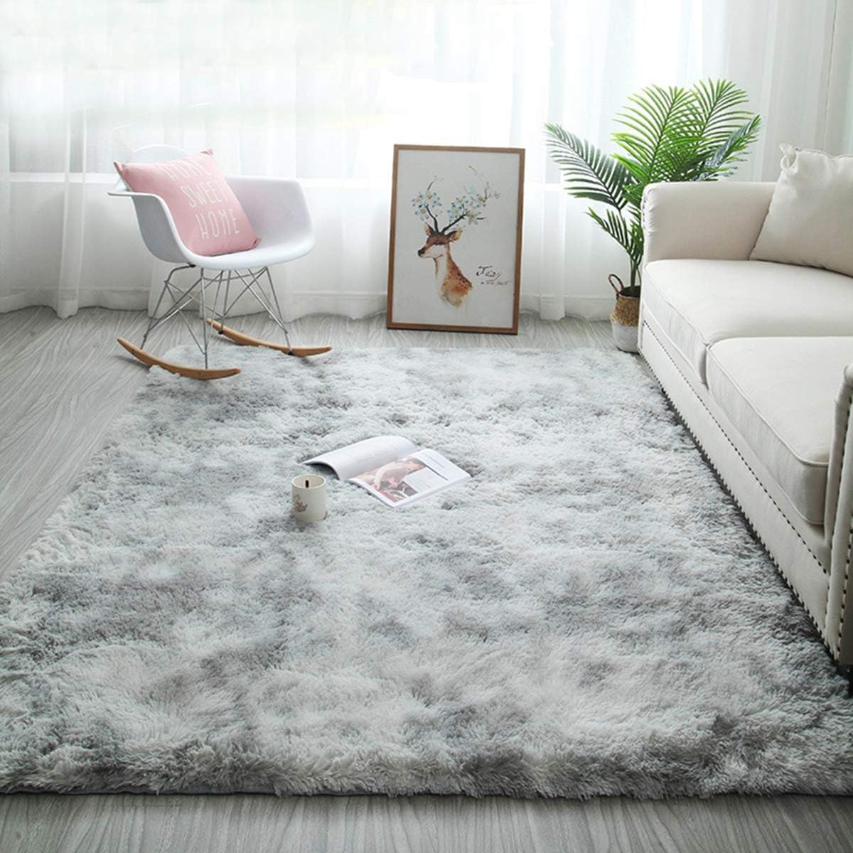Tinyboy-hbq Area Rugs Shaggy Carpet for Living Room Bedroom Large Fluffy Carpet Modern Non-Slip Mat Multisize Rug Indoor Home Decor (Gray White, 140 x 200 cm)