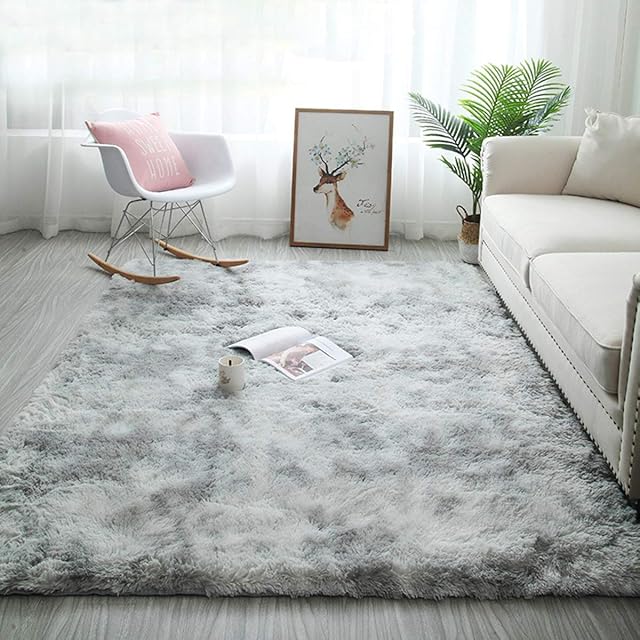 Area Rugs Fluffy Bedroom Carpet Soft Floor Mat Anti-Slip Living Room Rugs Shaggy Plush Carpets for Living Room Home Decor (120 * 160cm, Grey white)