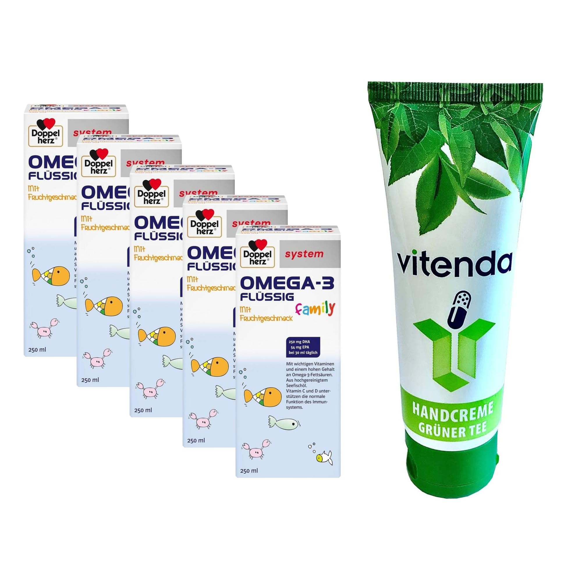 Set: Omega-3 flüssig mit DHA & EPA, Vitamine A, B, C, D, E für die ganze Familie mit Doppelherz, 5x250ml – inkl. vitenda Handcreme