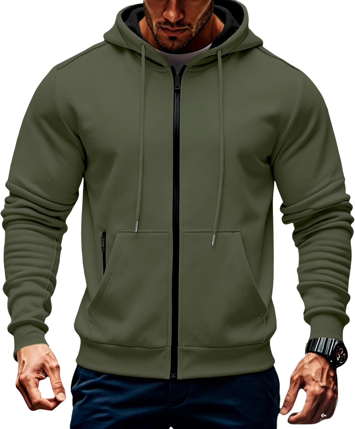 Mens Fleece Hooded Sweatshirt Winter Full Zip Jackets Long Sleeve Outerwear with Mu...