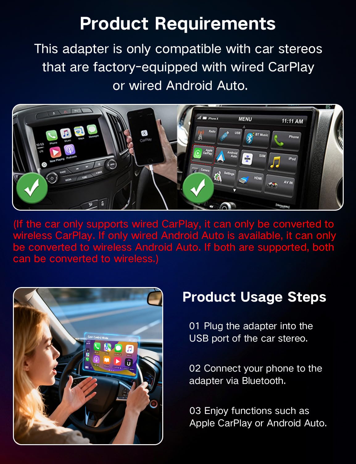 Adaptateur CarPlay sans fil pour iPhone CarPlay/Android Auto, mise à niveau rapide vers le sans fil, Plug & Play, Bluetooth 5.2 et WiFi 5GHz 4, sans latence, Mini & Stable, connexion