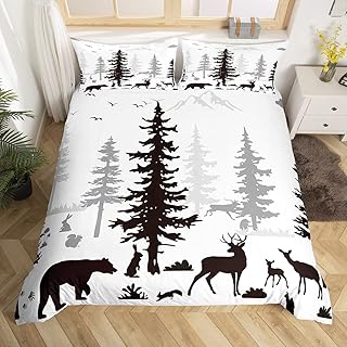 Erosebridal Cute Animals Duvet Cover Queen Kids Kawaii Deer Bedding Set for Girls Boys, Black and White Comforter Cover Woodland Animal Bed Set Lovely Rabbit Bear Bedding Microfiber 3pcs
