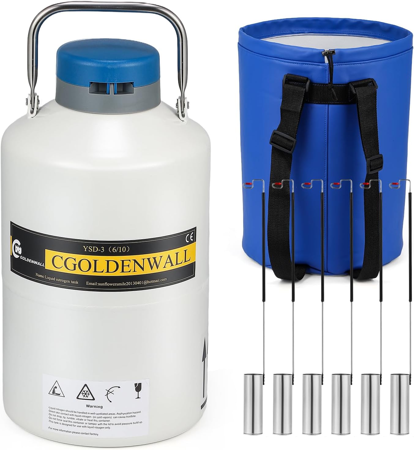 CGOLDENWALL 6L Cryogenic Container Liquid Nitrogen LN2 Tank Dewar Liquid nitrogen dewar Aluminum Alloy with 6 Canisters and Carry Bag