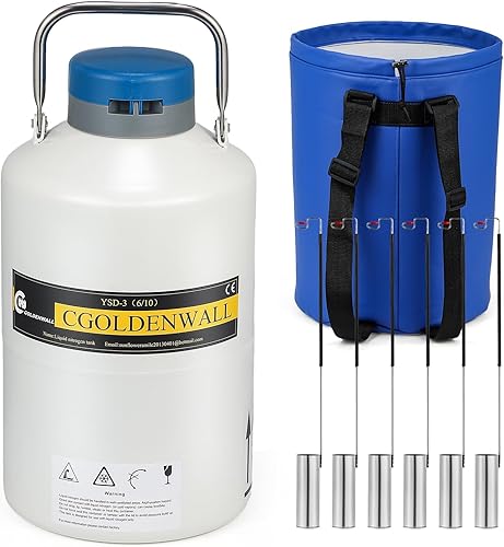 CGOLDENWALL Contenedor criogénico 6L Nitrógeno líquido LN2 Tanque Dewar Nitrógeno líquido Dewar Aleación de aluminio con 6 botes y bolsa de